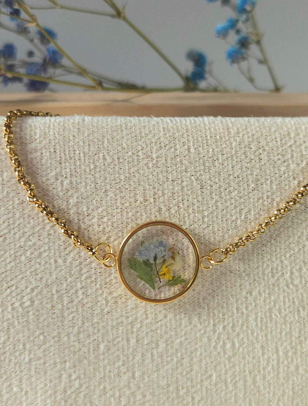 Dried Blue Gypsophila Flower Gold Bracelet