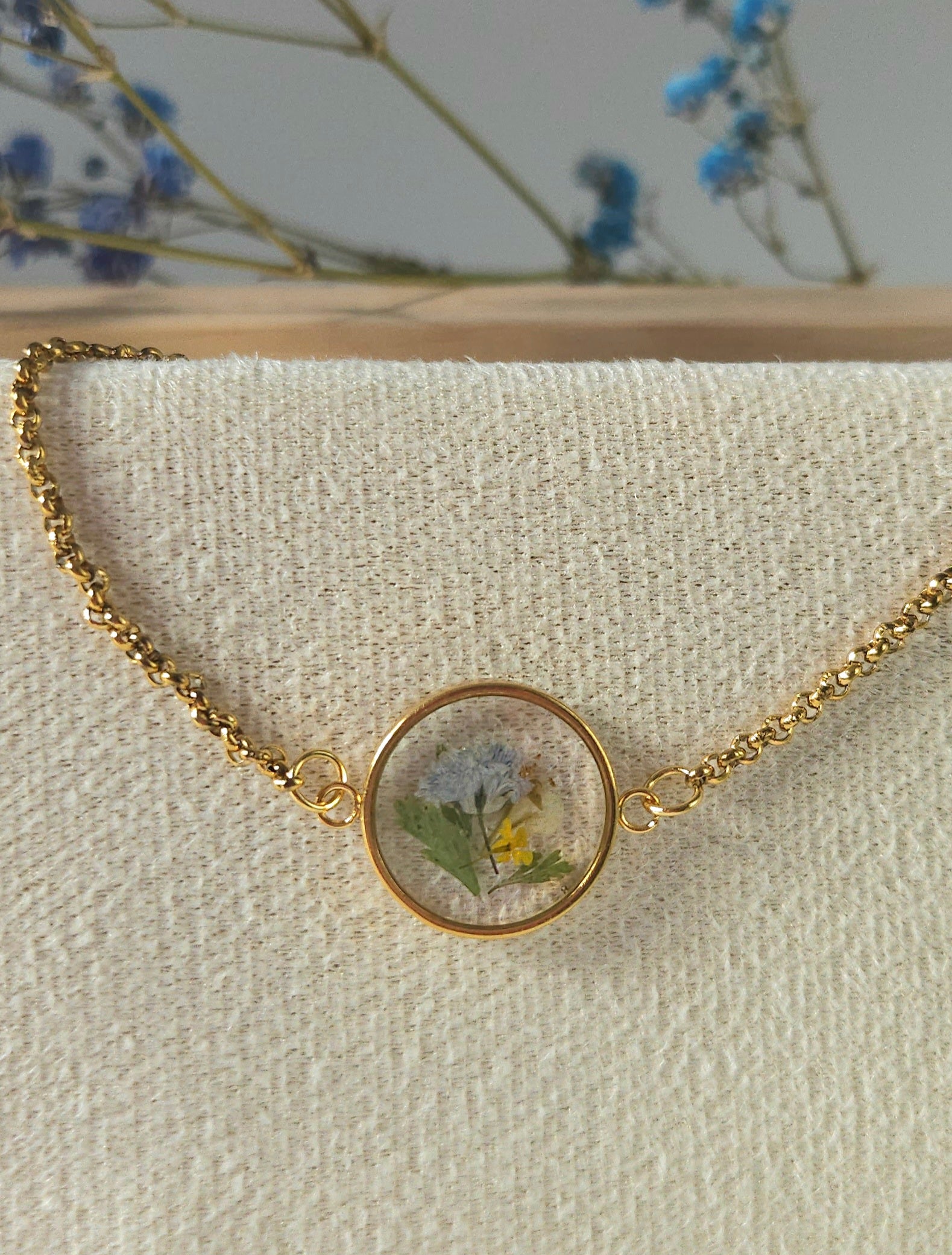 Dried Blue Gypsophila Flower Gold Bracelet