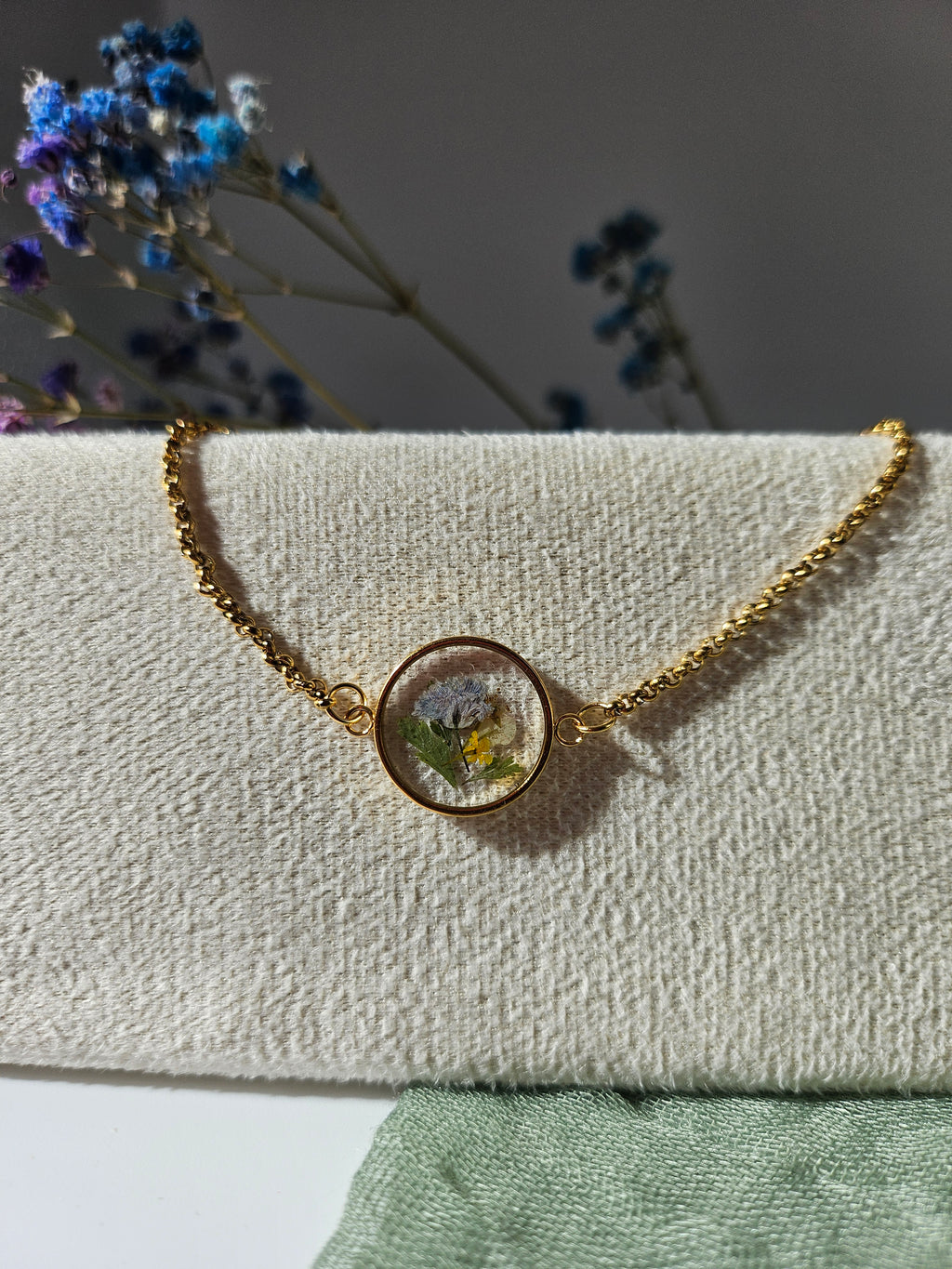 Dried Blue Gypsophila Flower Gold Bracelet