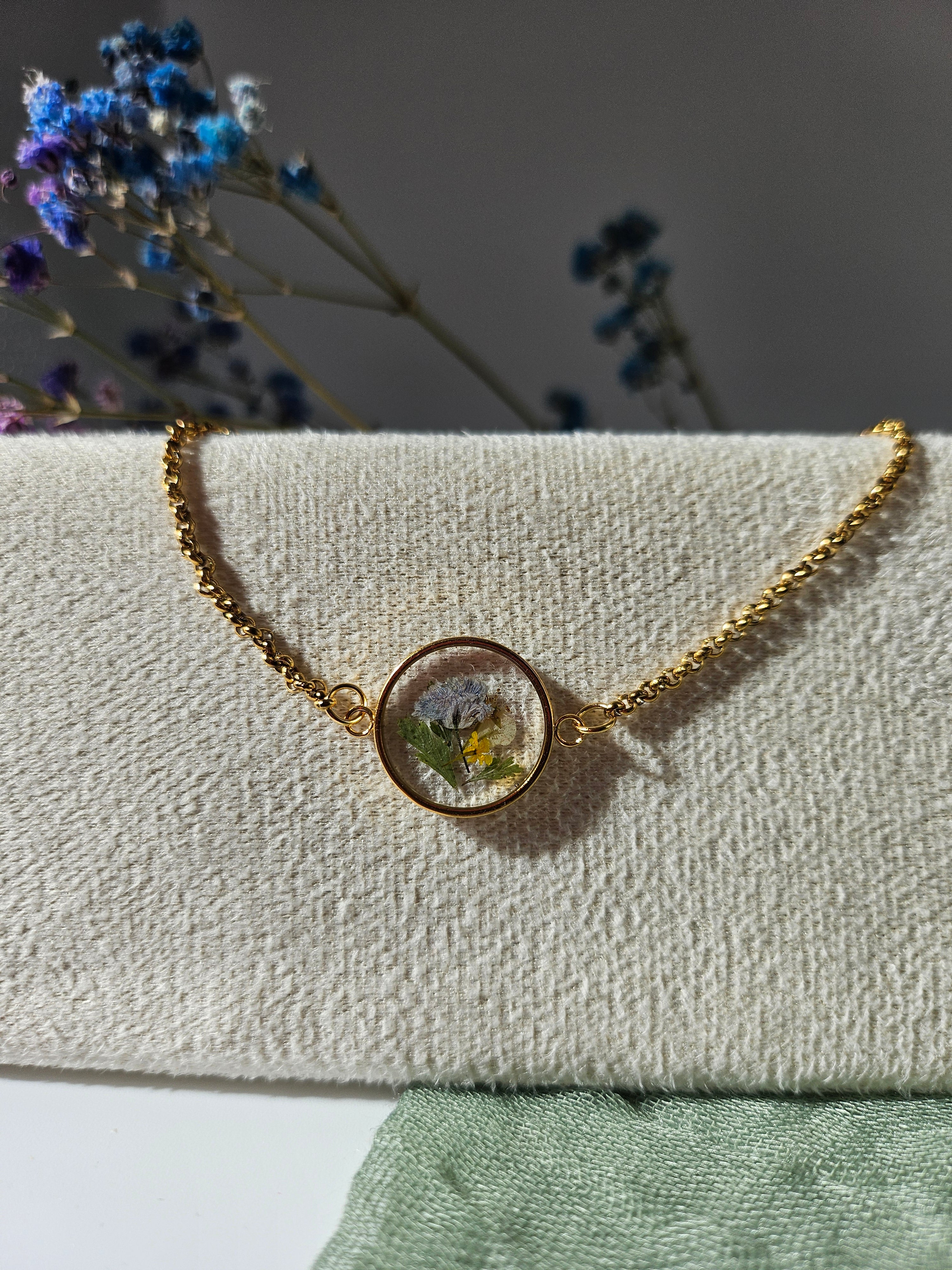 Dried Blue Gypsophila Flower Gold Bracelet