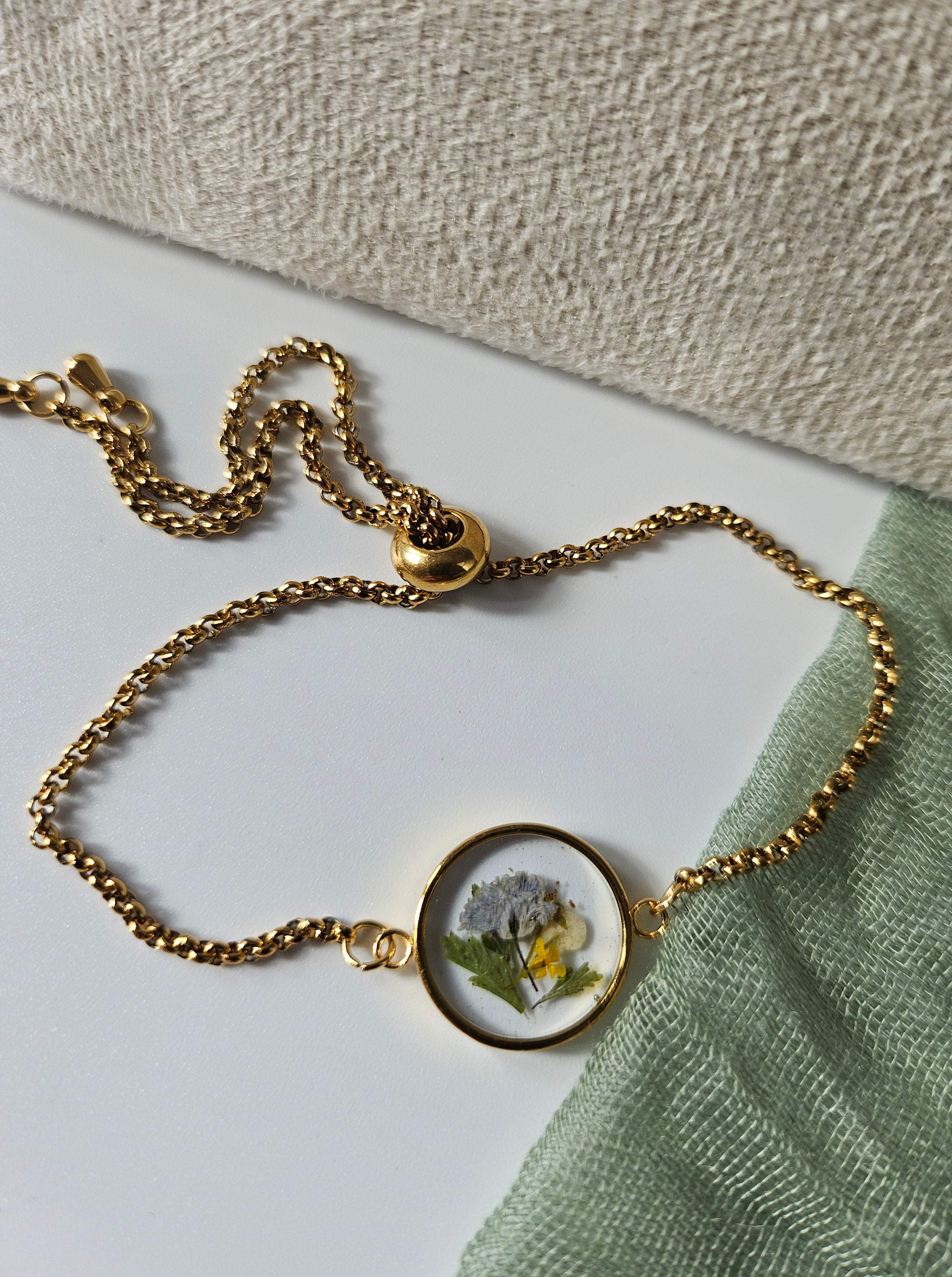 Dried Blue Gypsophila Flower Gold Bracelet