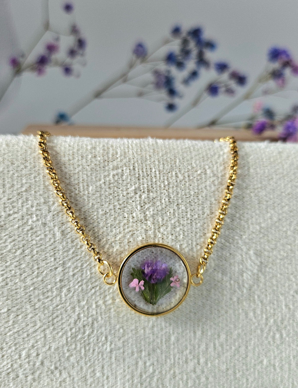 Dried Pink Gypsophila Flower Gold Bracelet