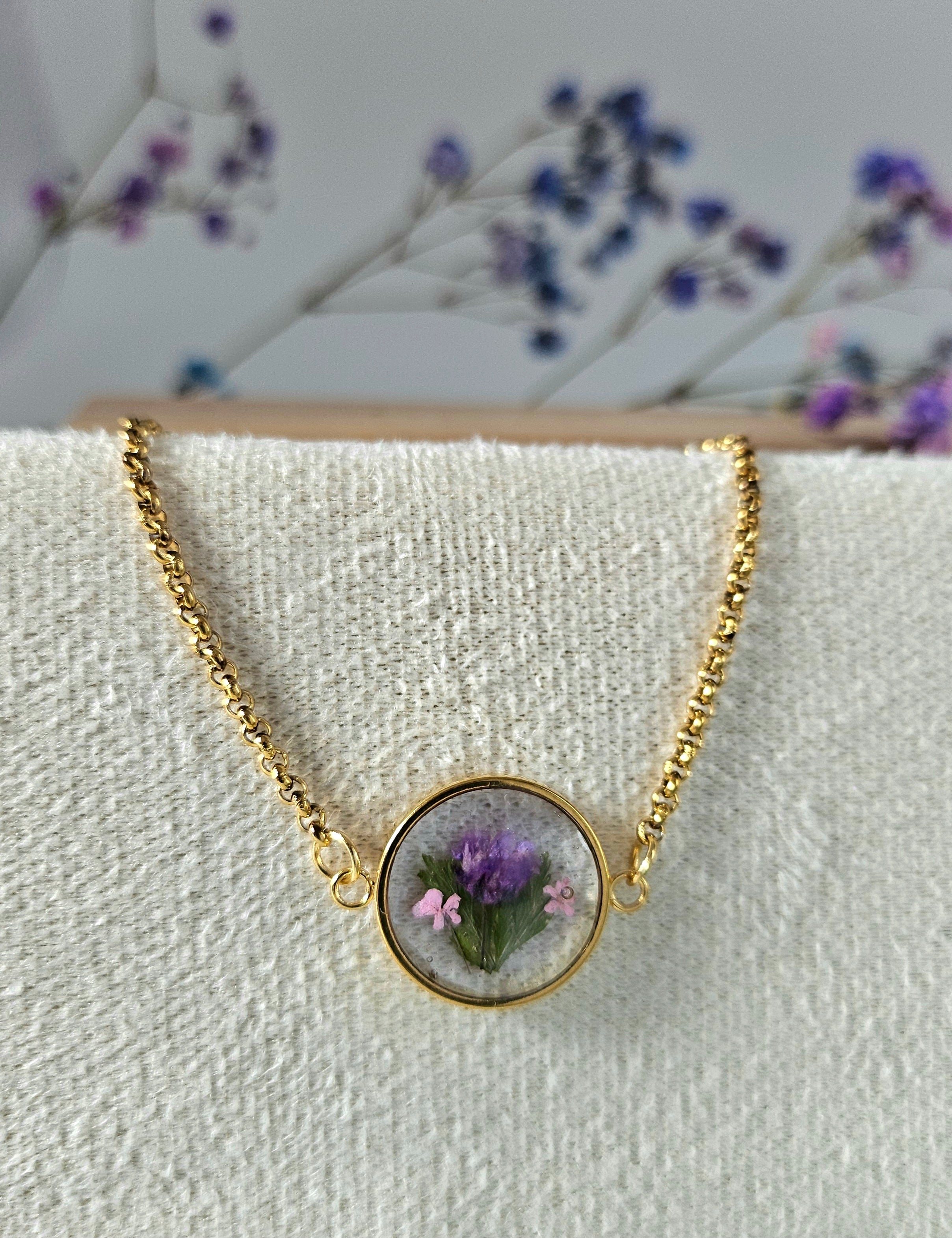 Dried Pink Gypsophila Flower Gold Bracelet