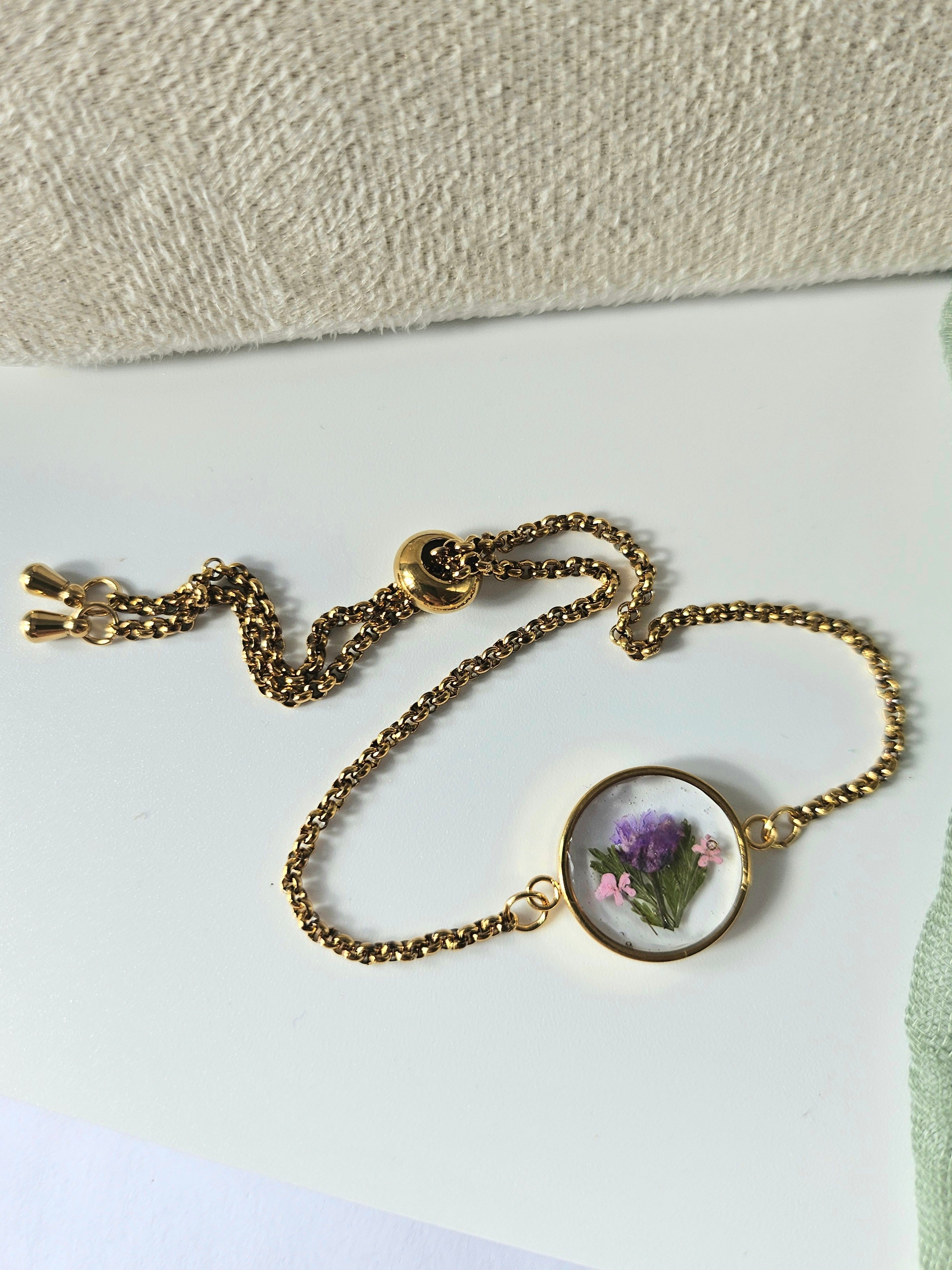 Dried Pink Gypsophila Flower Gold Bracelet