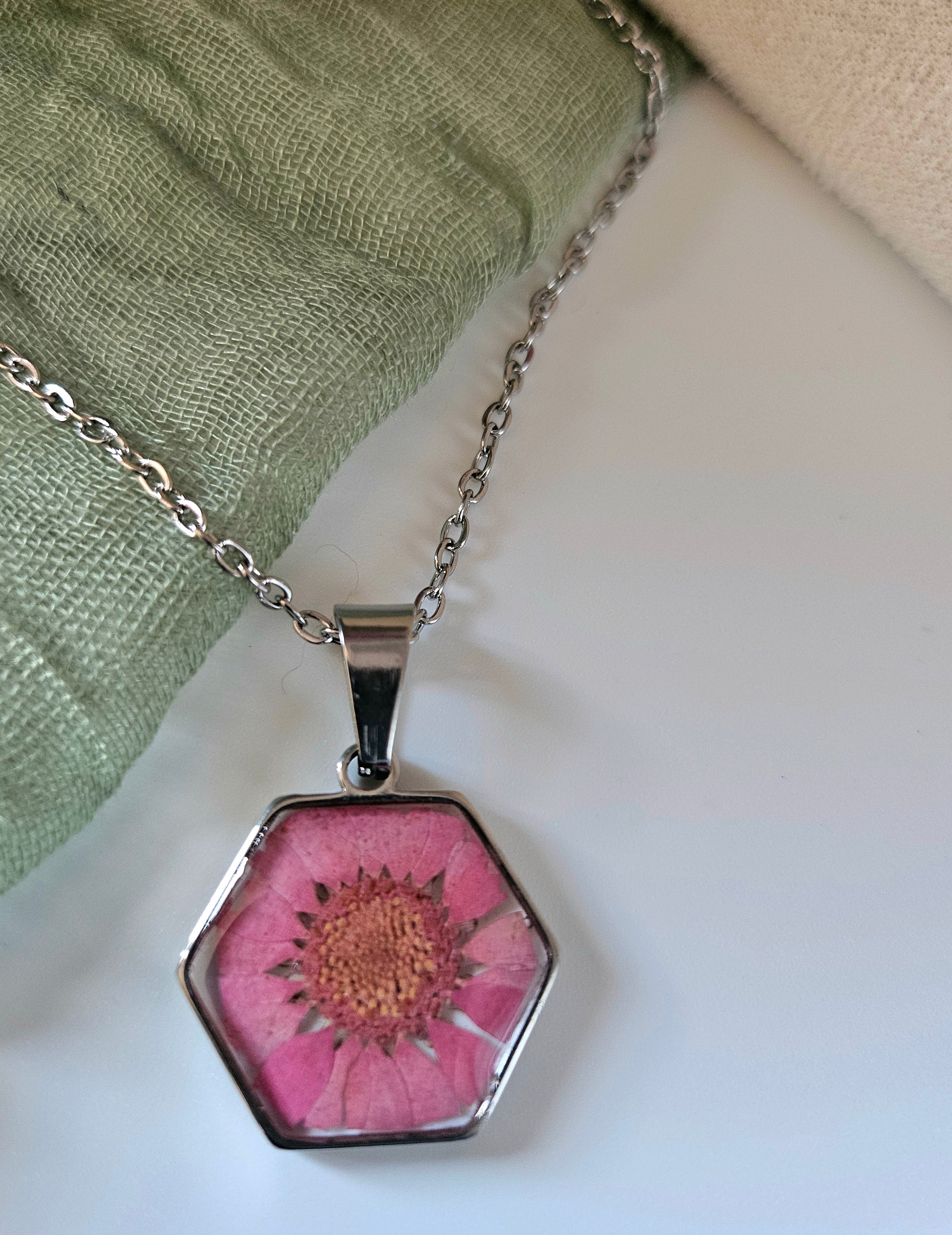 Pink Daisy Hexagon Necklace