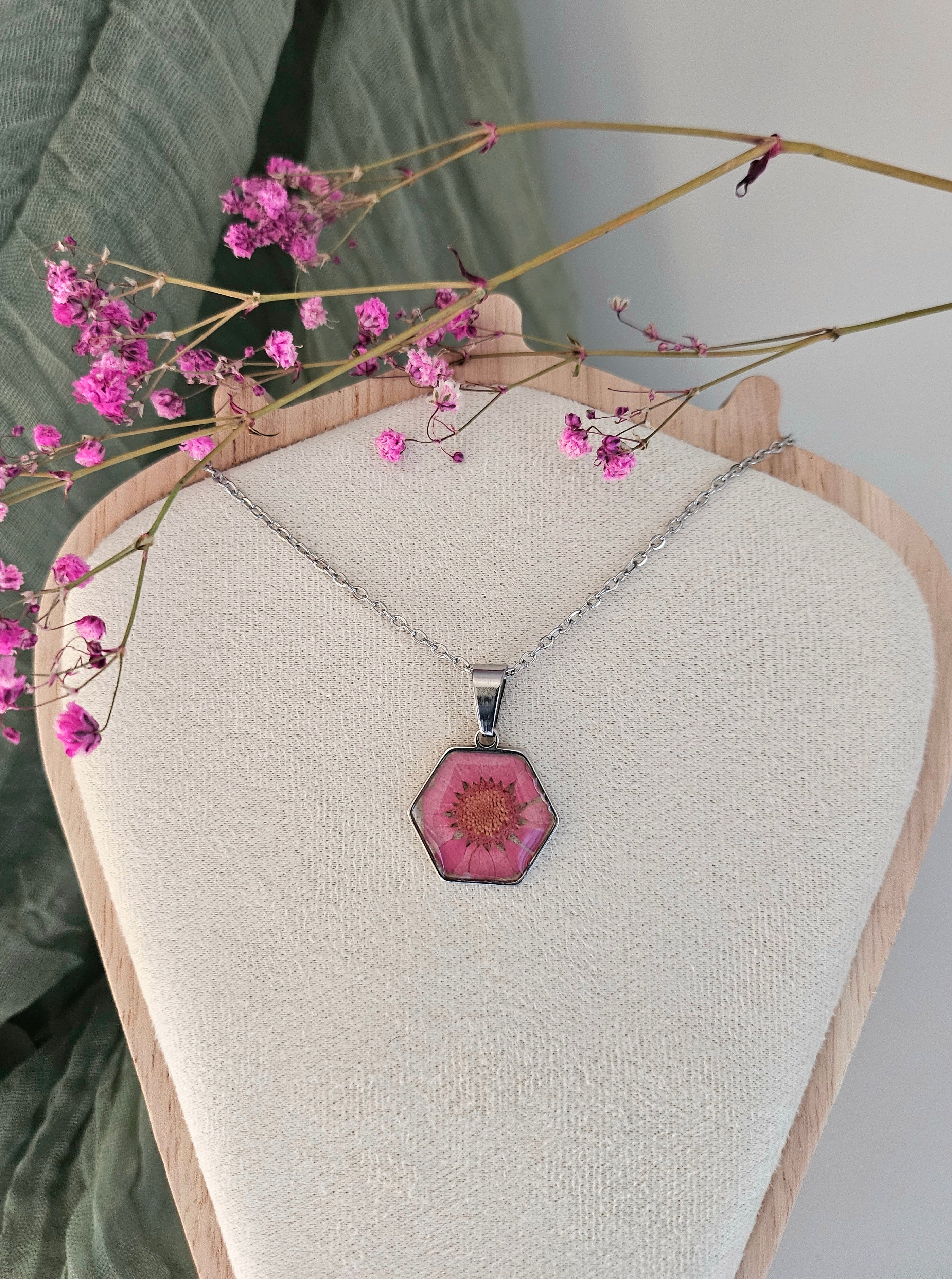 Pink Daisy Hexagon Necklace