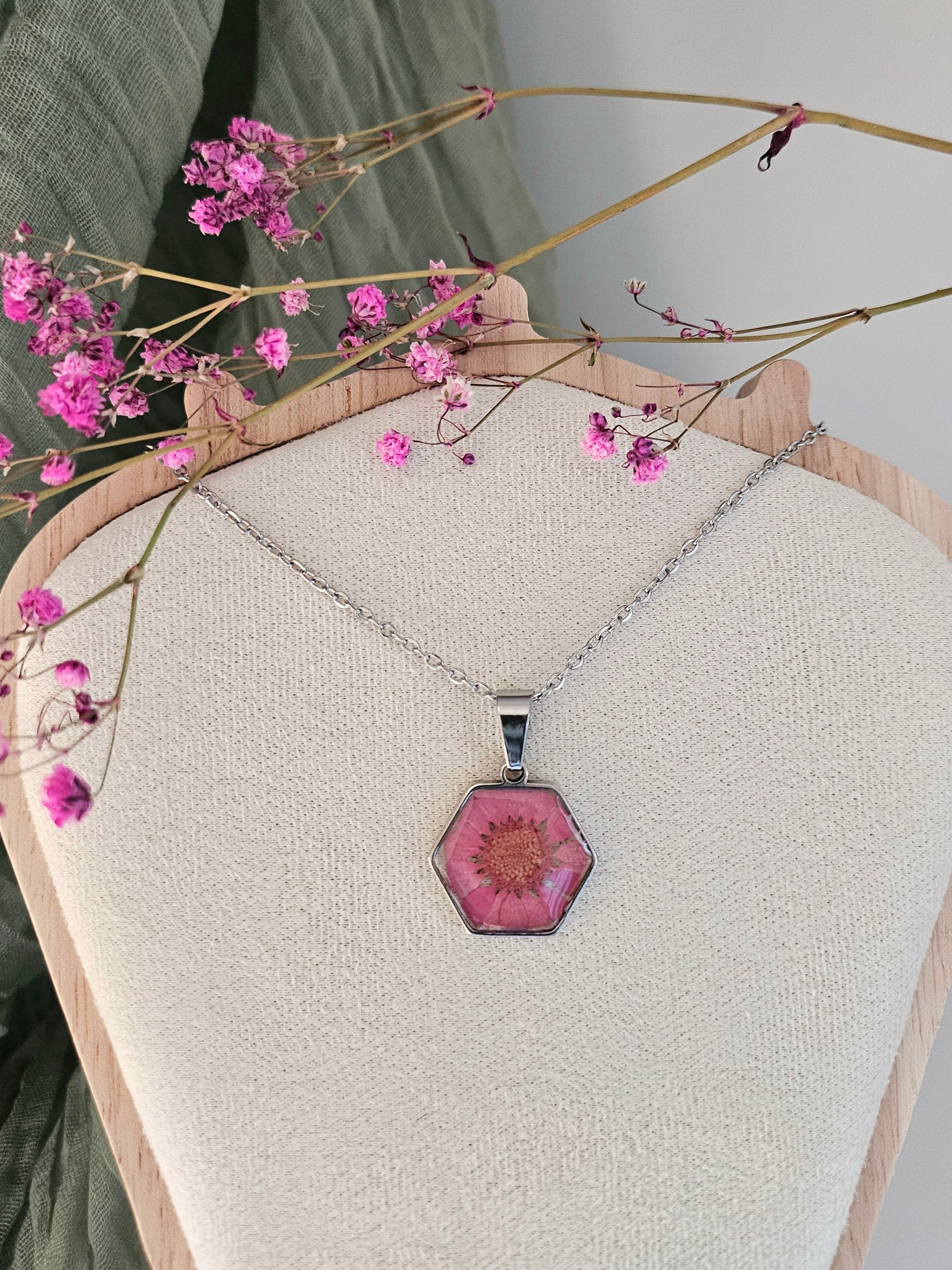 Pink Daisy Hexagon Necklace