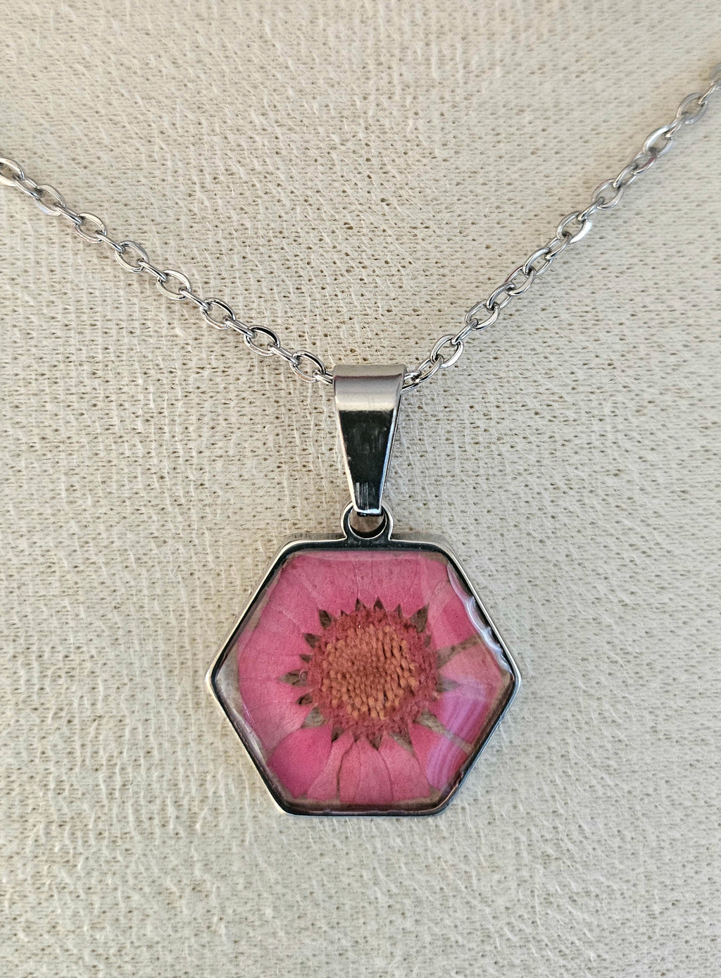 Pink Daisy Hexagon Necklace