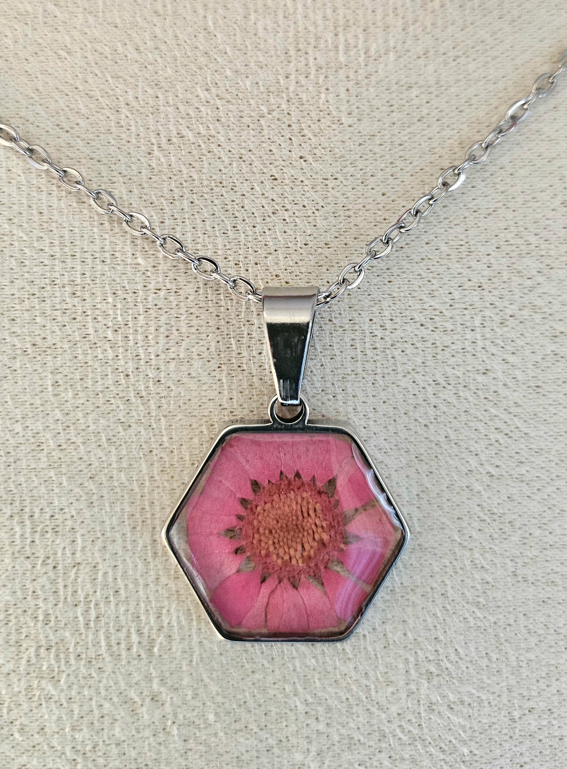 Pink Daisy Hexagon Necklace