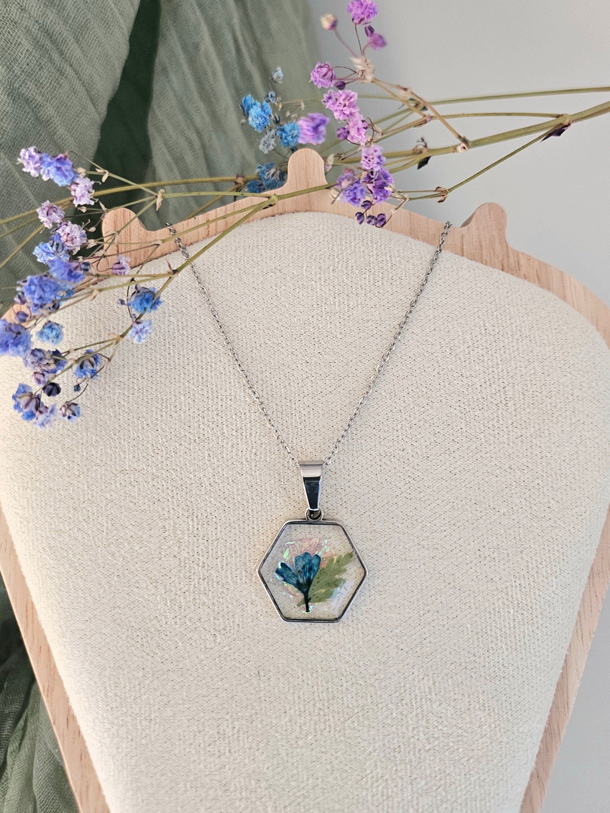 Blue Lysimachia Hexagon Necklace