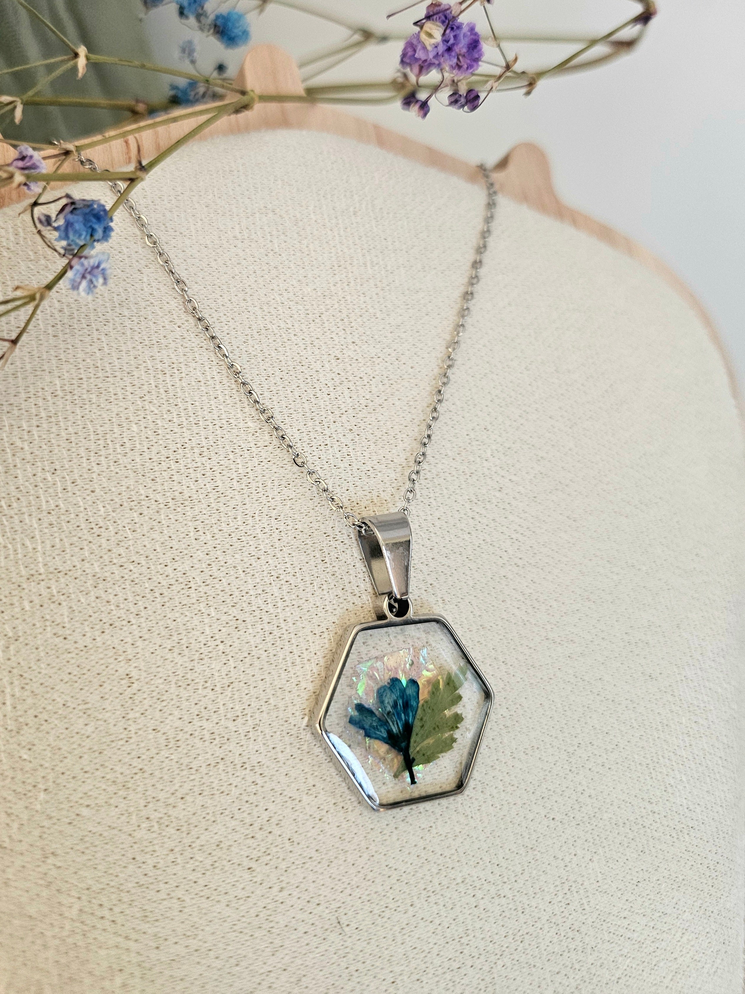 Blue Lysimachia Hexagon Necklace