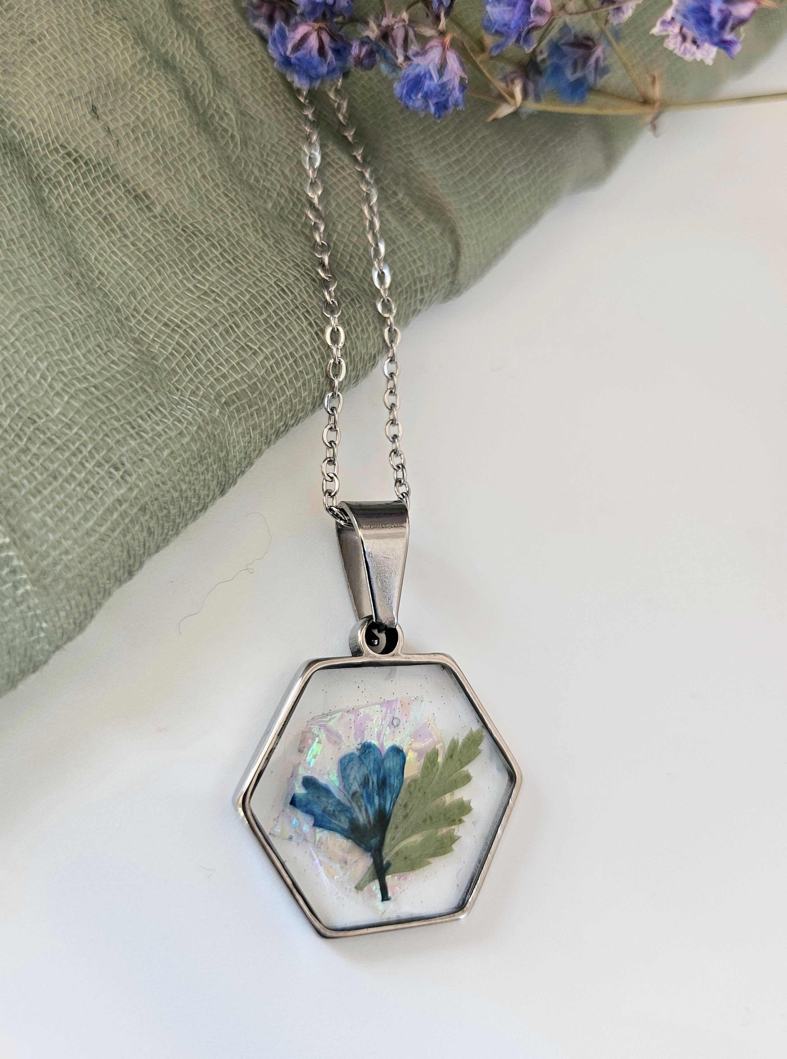 Blue Lysimachia Hexagon Necklace