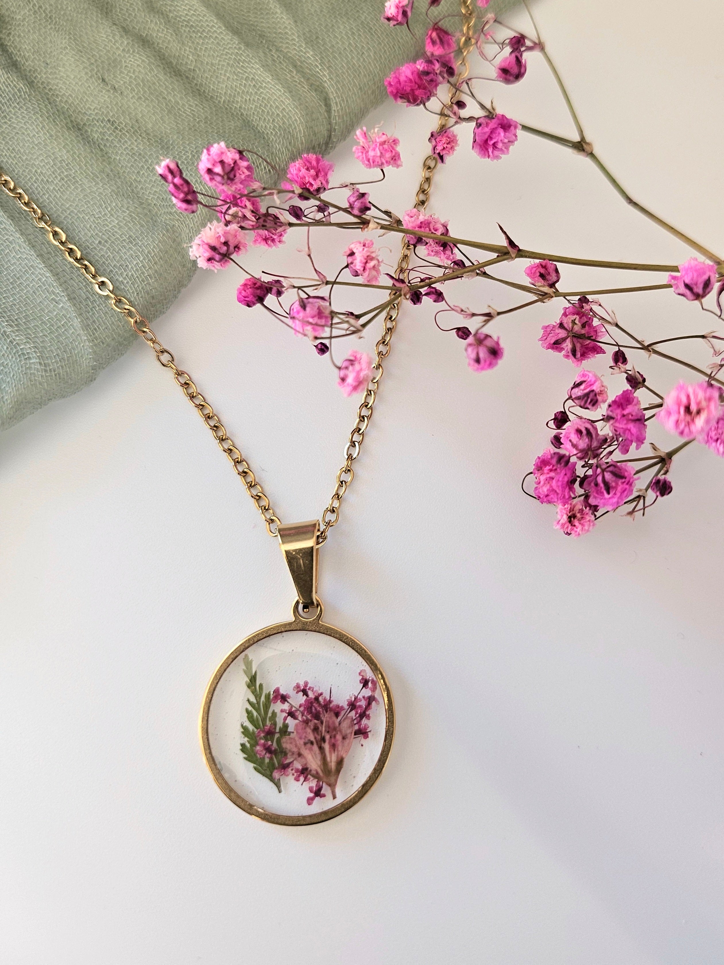 Pink Queen Anne's Lace and Lysimachia Gold Necklace