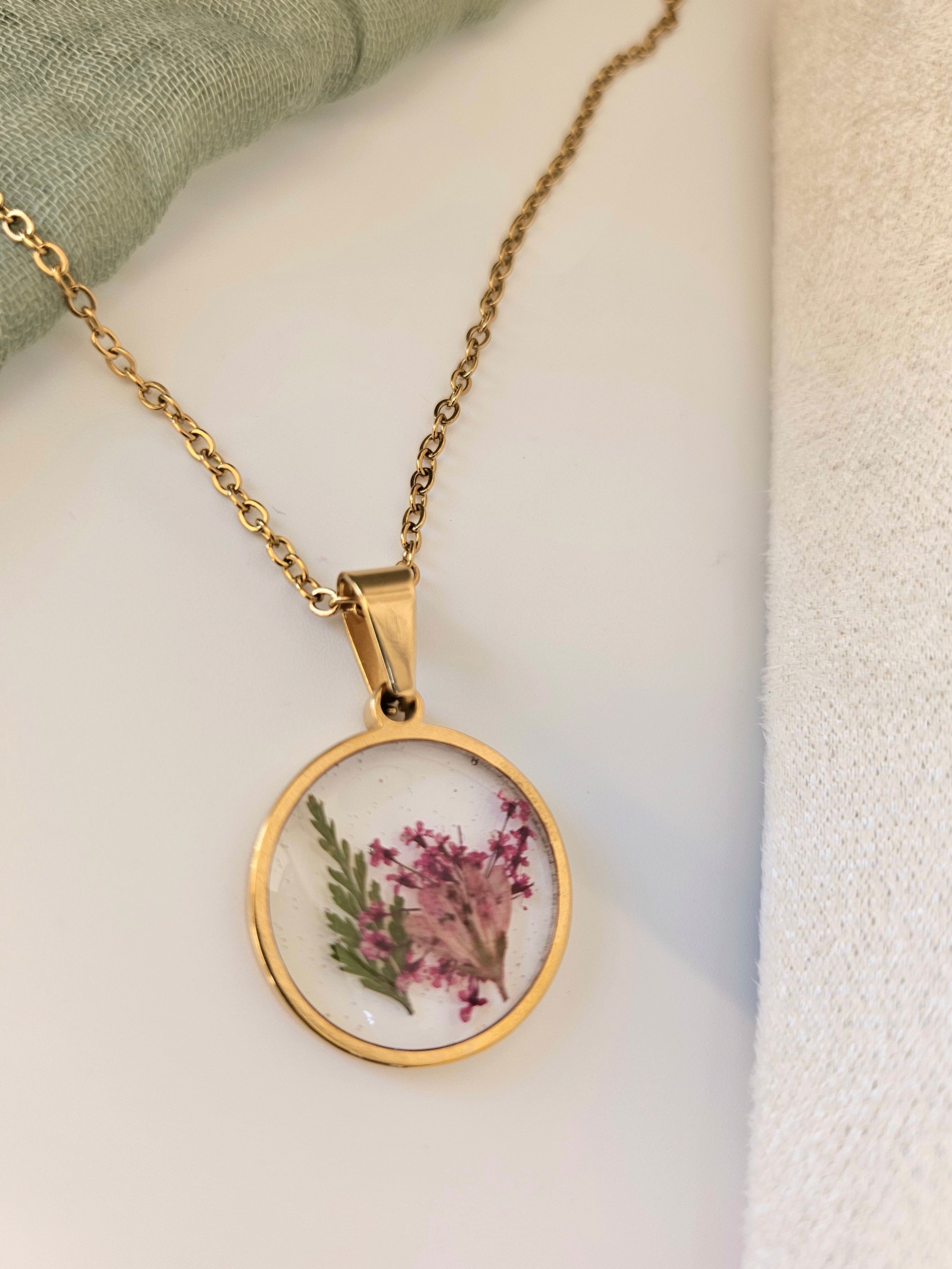 Pink Queen Anne's Lace and Lysimachia Gold Necklace