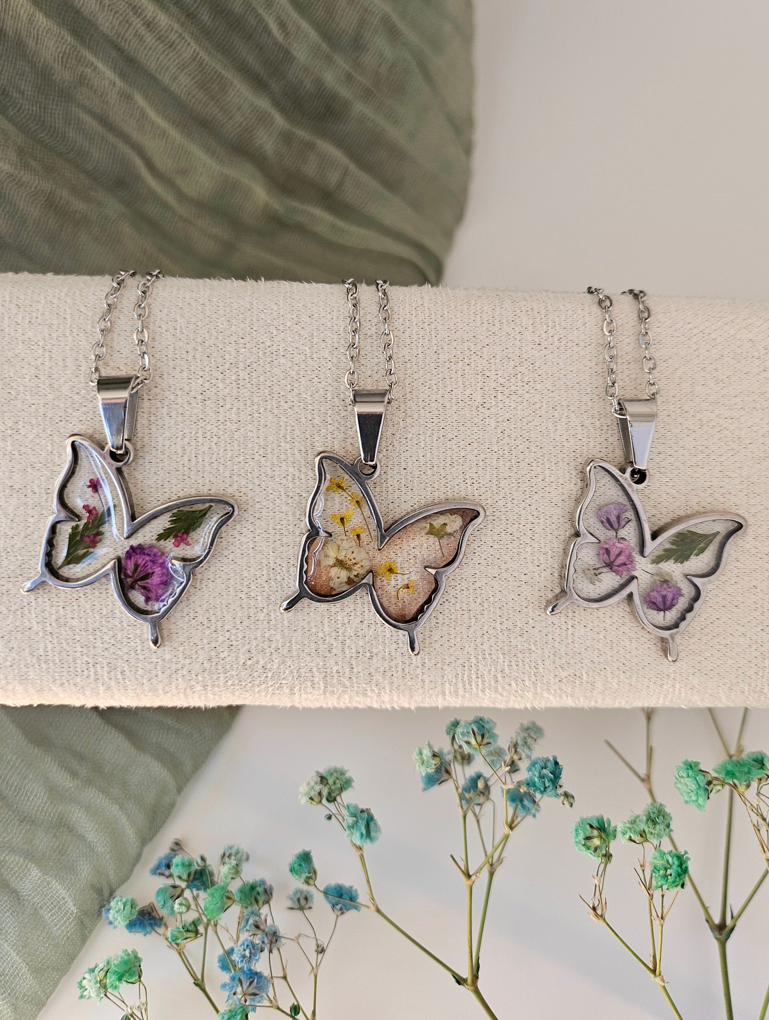 Purple Flowers Butterfly Necklace