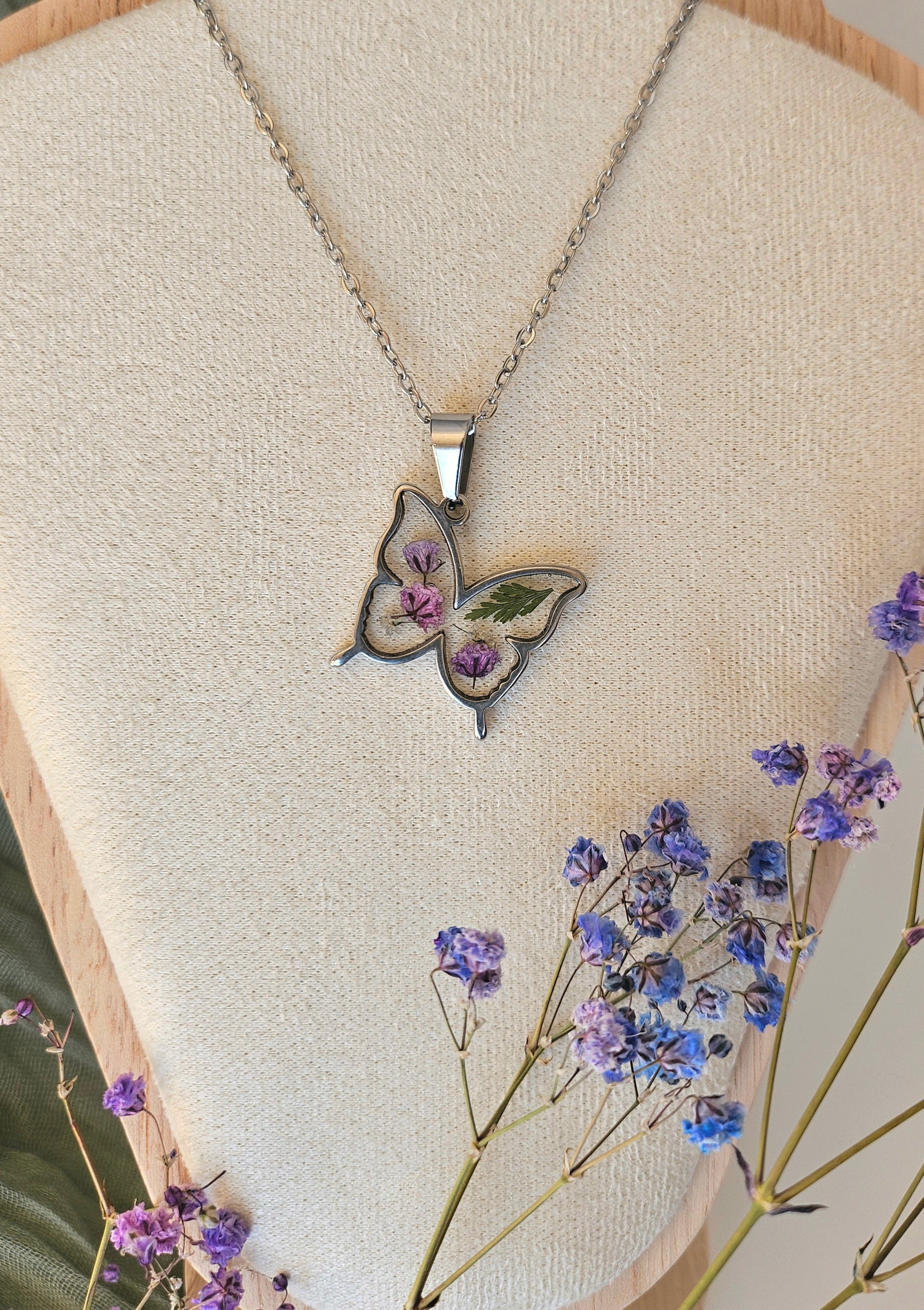 Purple Flowers Butterfly Necklace