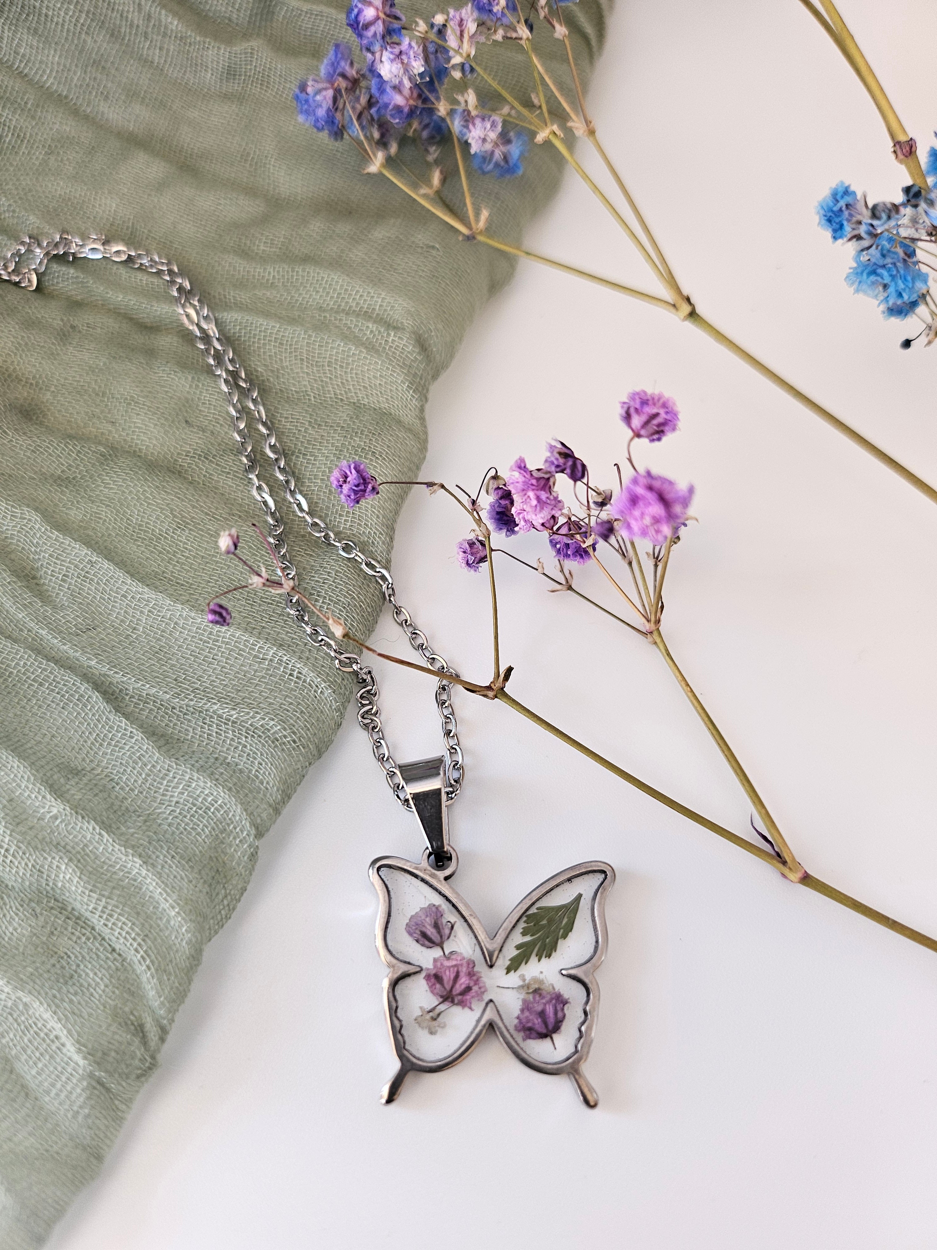 Purple Flowers Butterfly Necklace