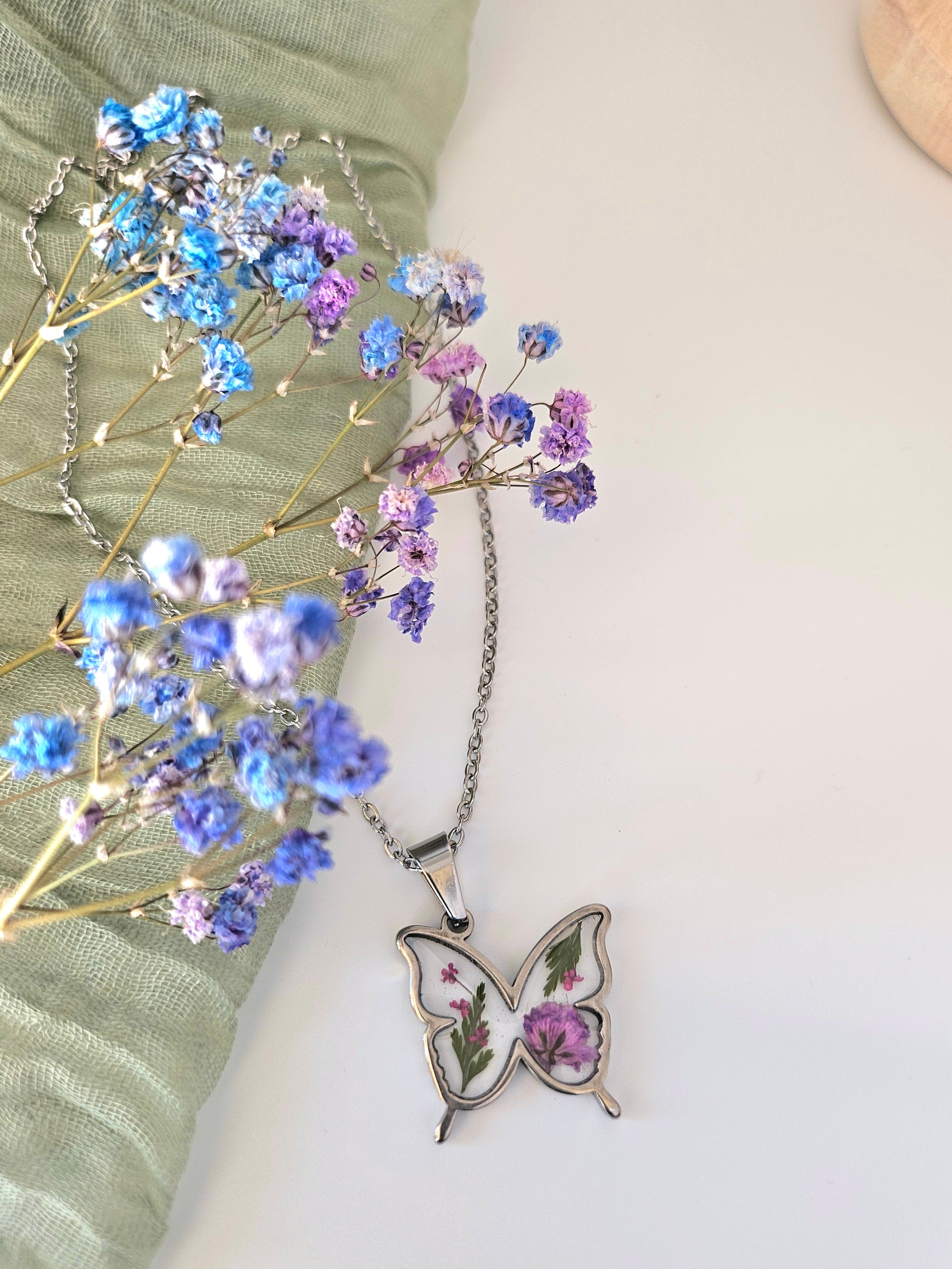 Pink Queen Anne's Lace Flower Butterfly Necklace