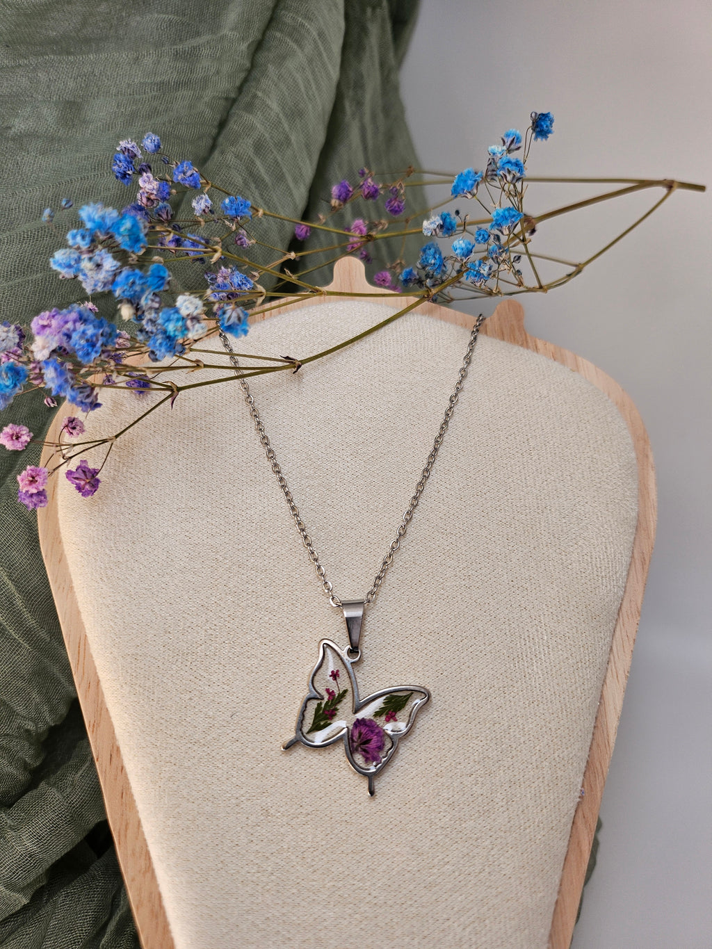 Pink Queen Anne's Lace Flower Butterfly Necklace
