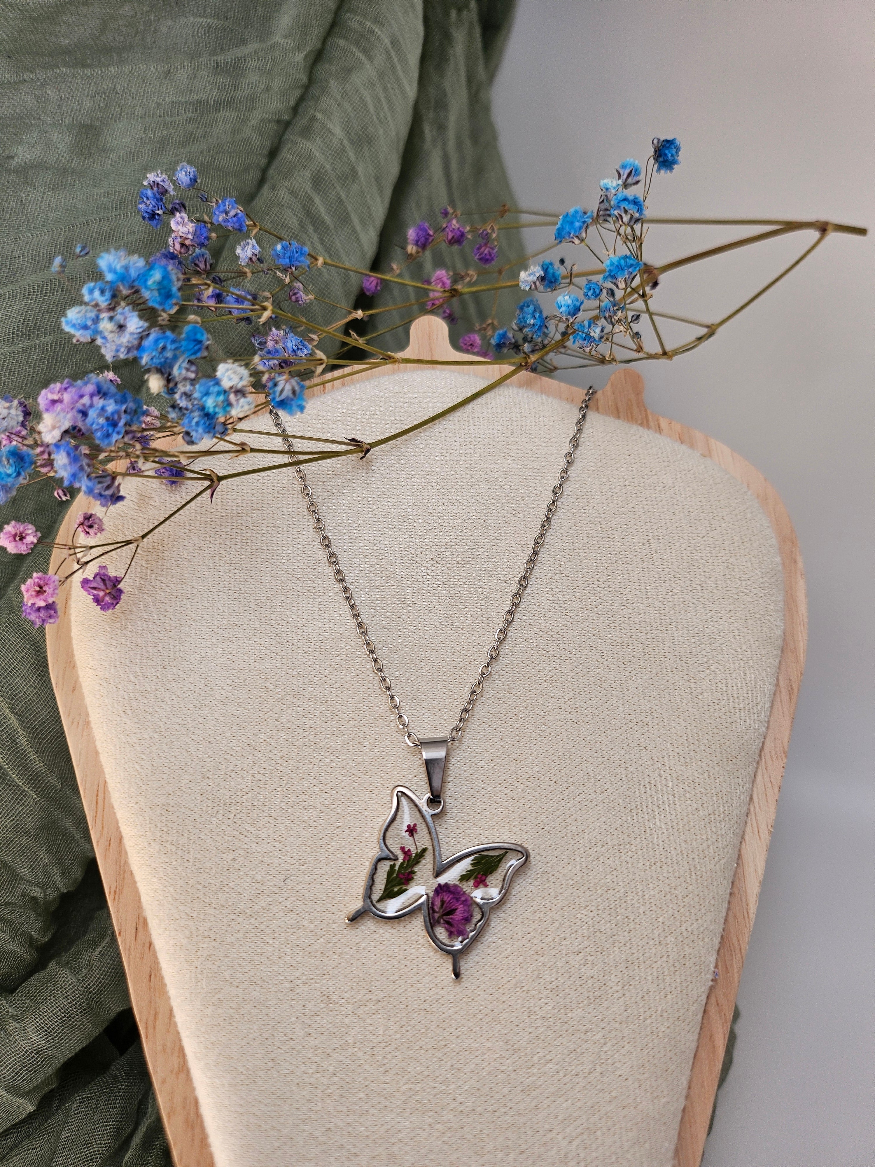 Pink Queen Anne's Lace Flower Butterfly Necklace