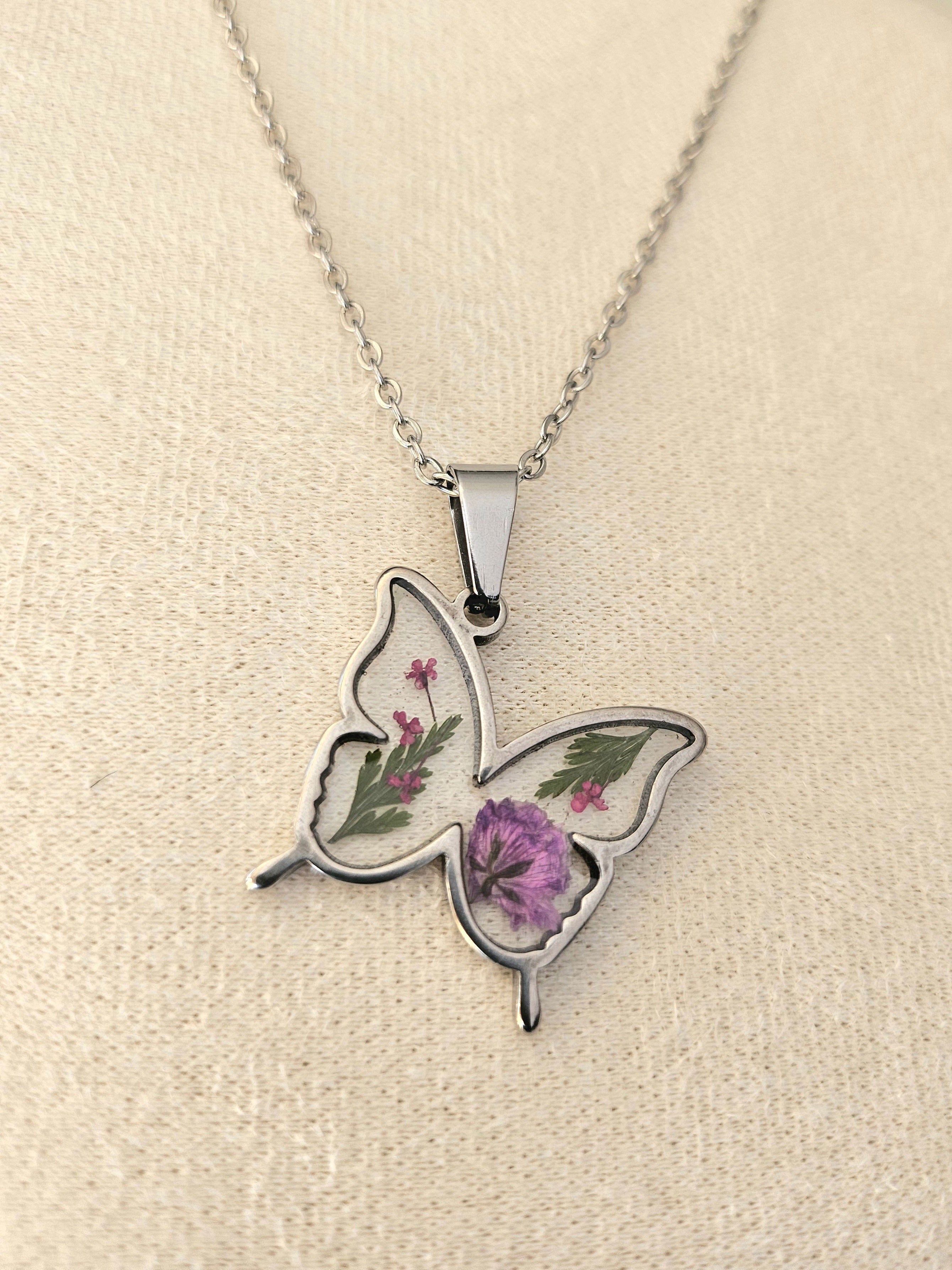 Pink Queen Anne's Lace Flower Butterfly Necklace